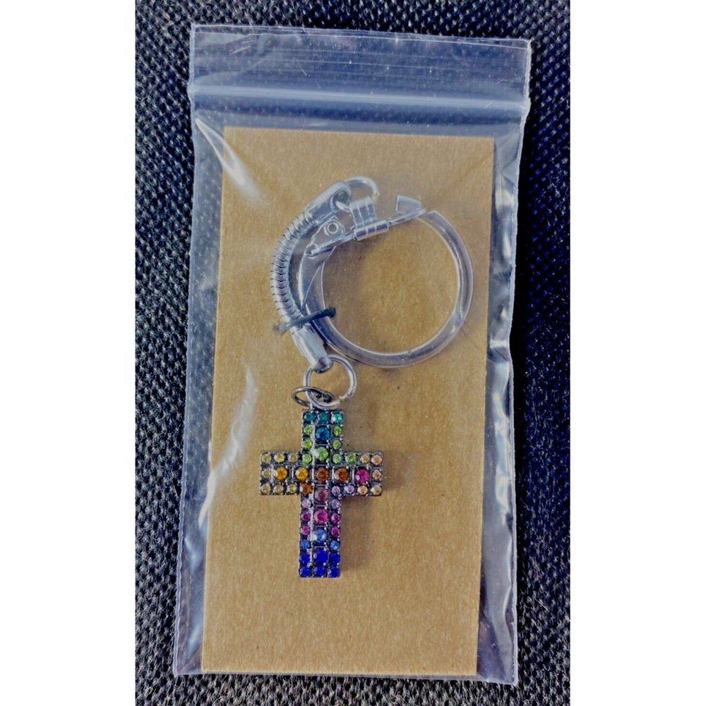 Handcrafted Multicolor Rhinestone Cross Chrome Steel Key Chain Charm Accessory - Picture 6 of 6